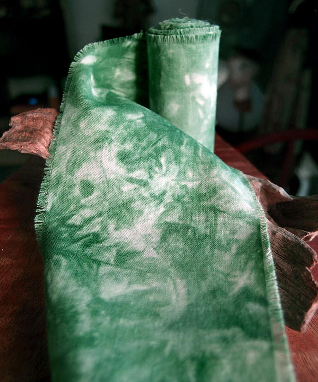 Green Tie-dyed Linen Ribbon with Fringed Edge (3 sizes)