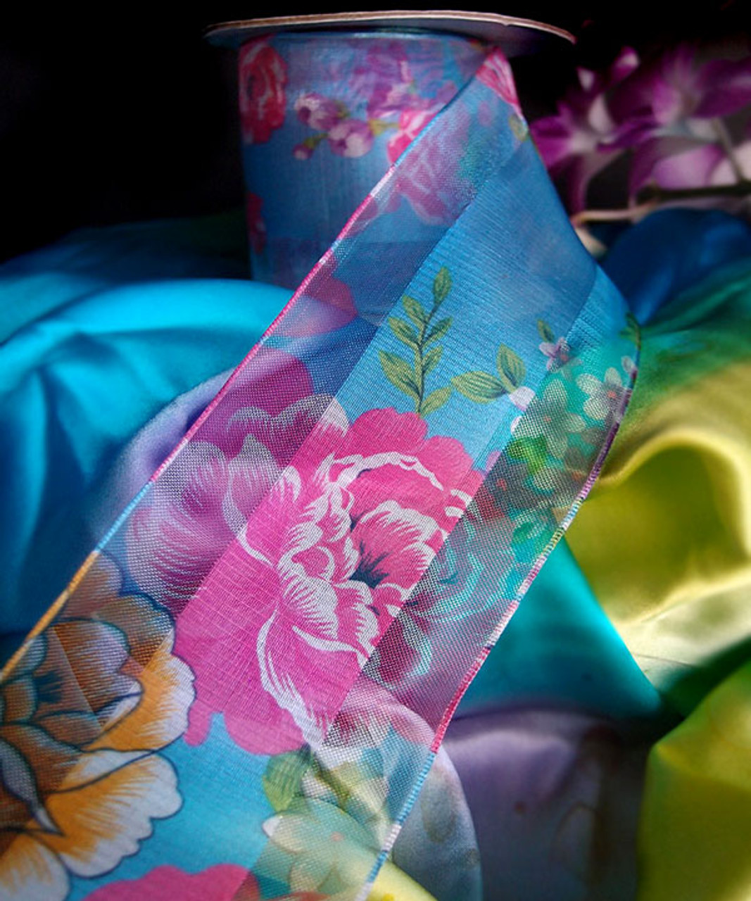 Blue Sheer Floral Wired Ribbon (2 sizes)