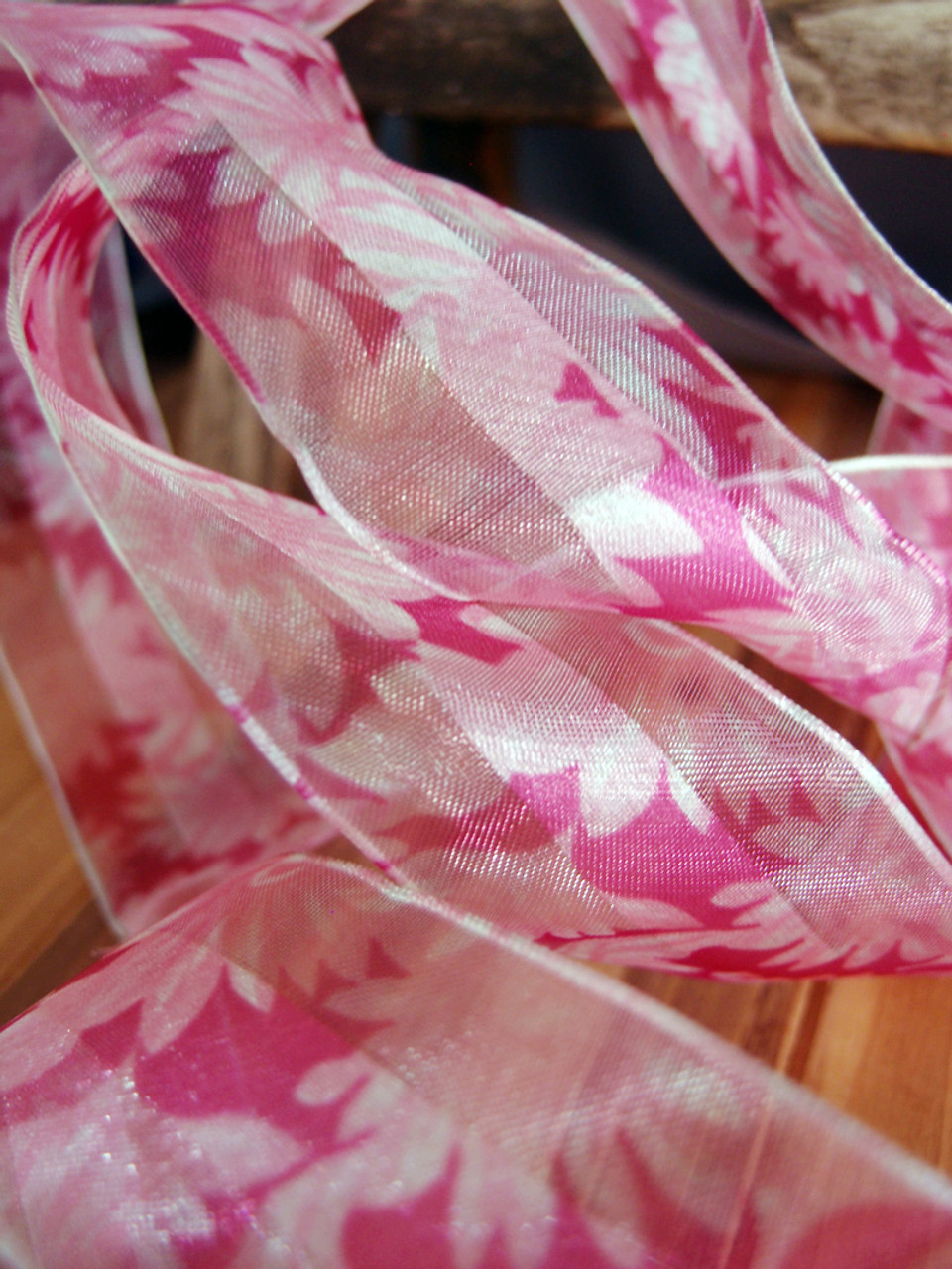 Pink Daisy Floral Print Satin/Sheer Ribbon with Wired Edge