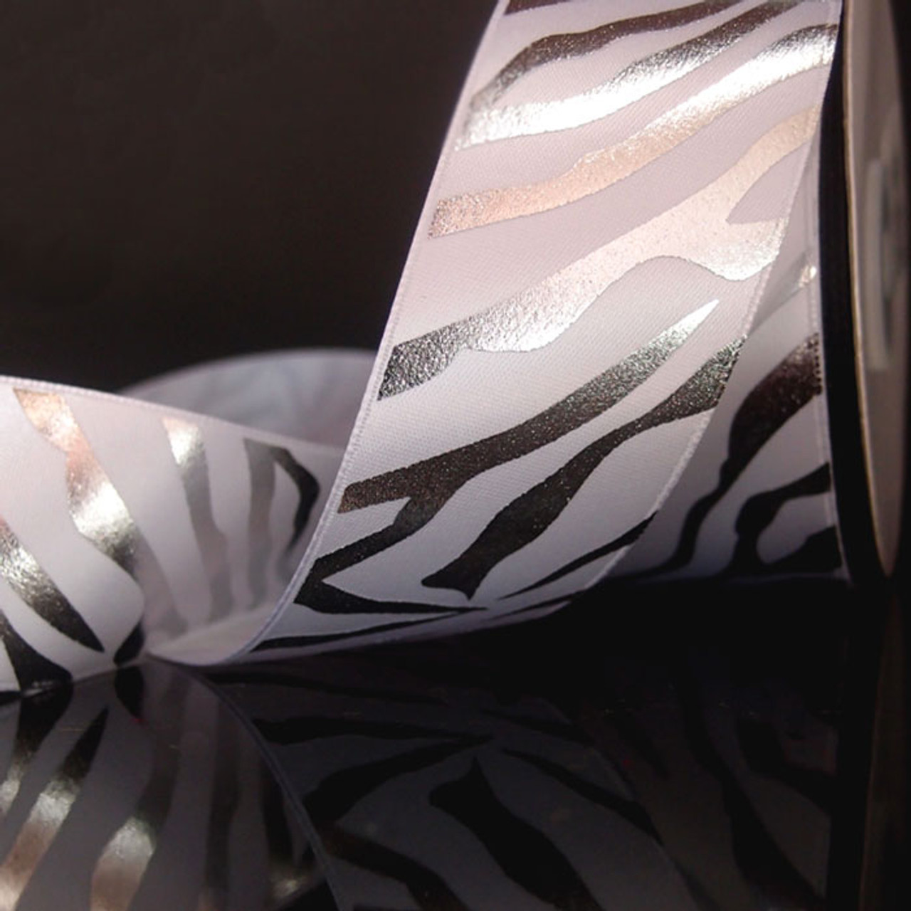 White Satin Ribbon with Silver Metallic Zebra Print