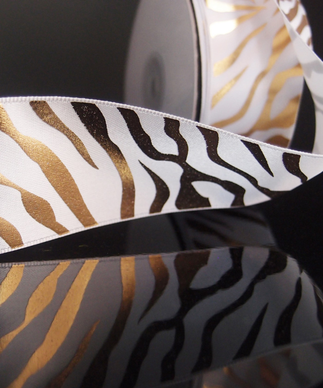 White Satin Ribbon with Gold Metallic Zebra Print