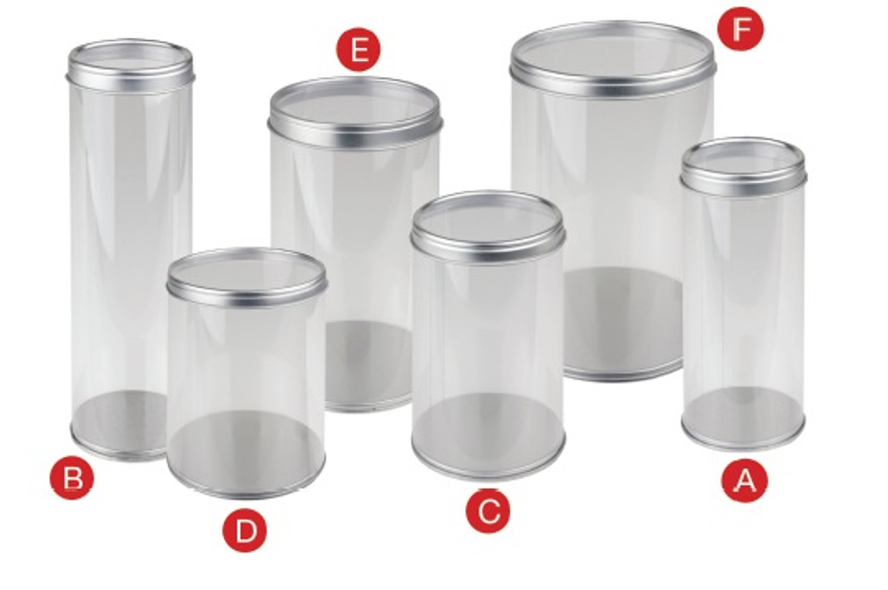 PET Tin Cylinder with Clear Window Lid (6 sizes)