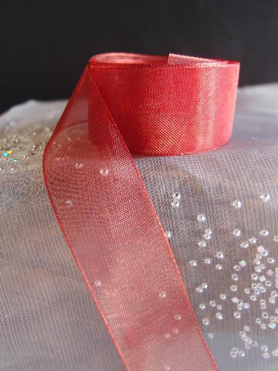 Crimson Sheer Ribbon with Monofilament Edge (3 sizes)