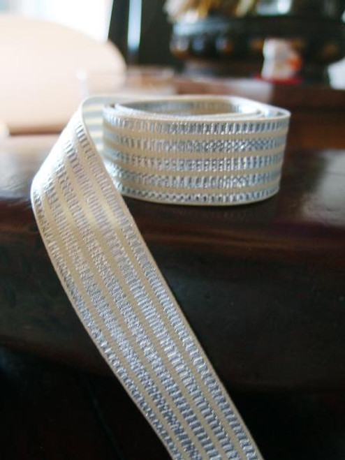 Metallic Silver & Ivory Seersucker Striped Grosgrain Ribbon (3 sizes) 