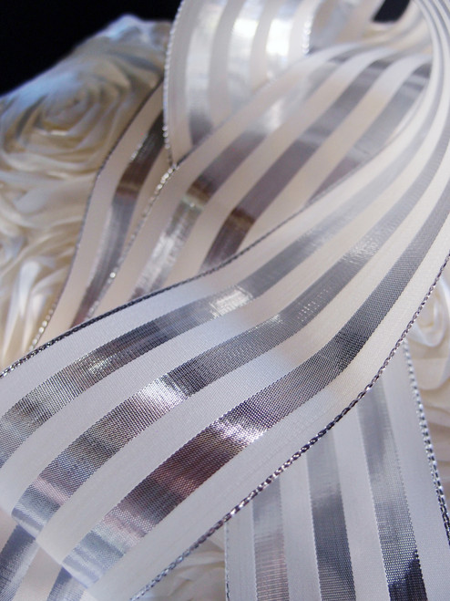 White Satin Stripe Sheer Wired Ribbon, 1-1/2x25 Yards