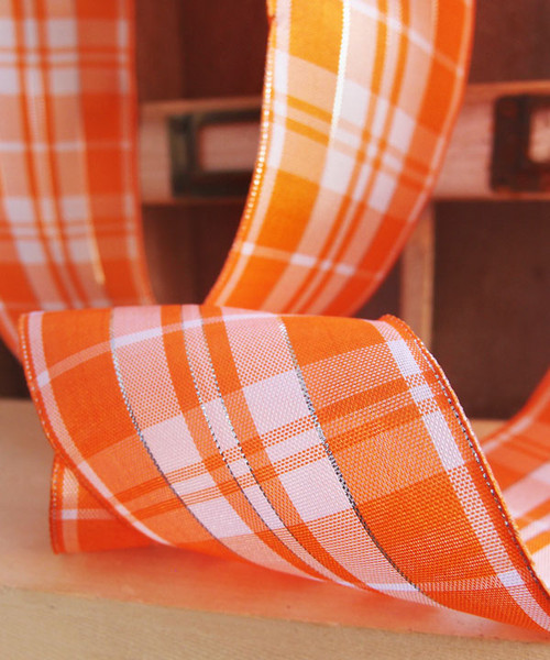 Orange & White Plaid Wired Ribbon with Metallic Accents (2 sizes)