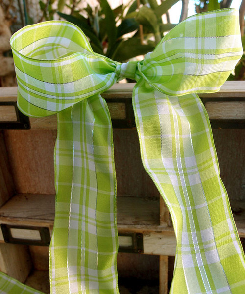 Mint & White Plaid Wired Ribbon with Metallic Accents (2 sizes)