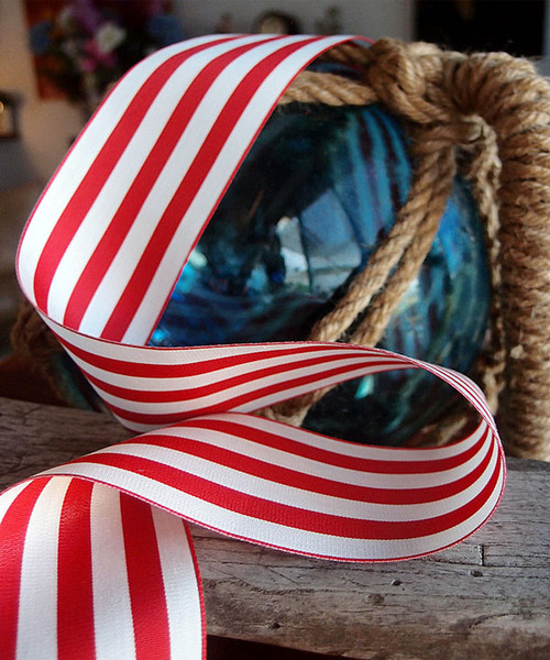 Hot Red & Ivory Striped Ribbon (5 sizes)