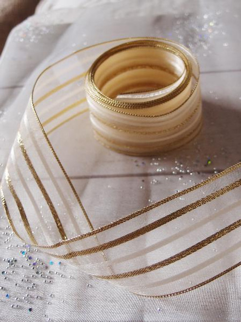 Ivory Sheer Ribbon w/ Metallic Gold Stripes