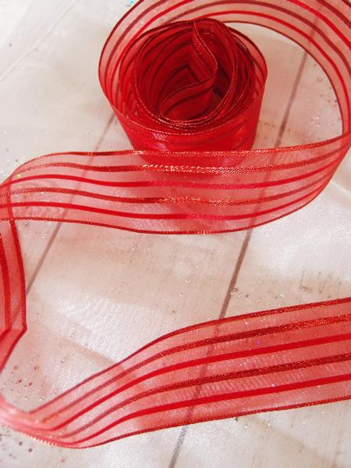 Red Sheer Ribbon w/ Metallic Red Stripes