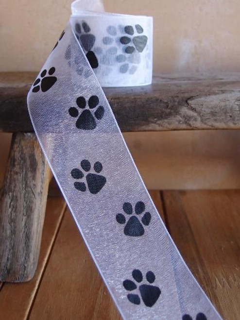 GREY Linen Paw Print Dog Bone Wired Ribbon 2 1/2 WHITE Puppy Pup