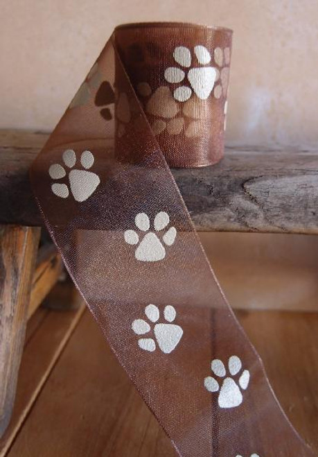 Chocolate Sheer with Toffee Paw Print Ribbon (3 sizes)