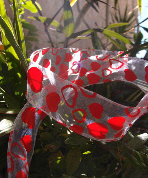 White Sheer with Red Hearts Print  Wire Ribbon (2 sizes)