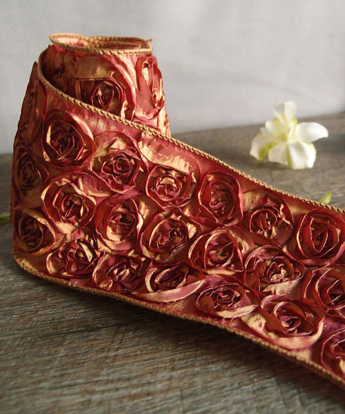 Gold & Red Rose Petal Ribbon with Wire Edge