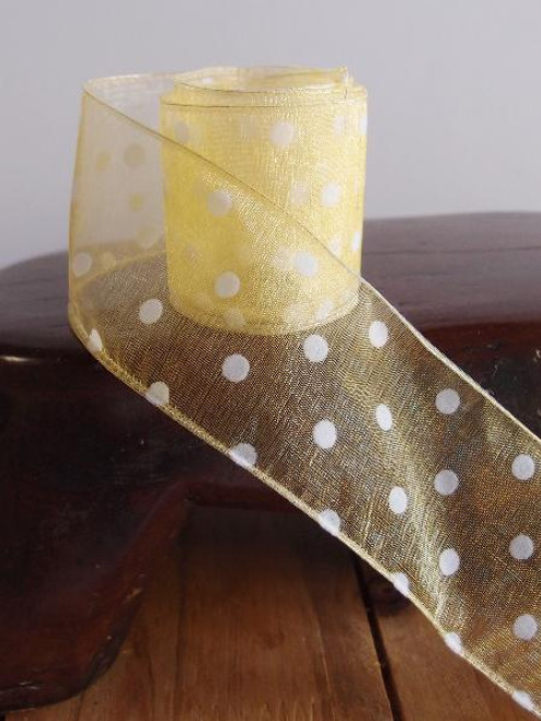 Yellow Sheer Ribbon with Fuzzy White Dots Wired