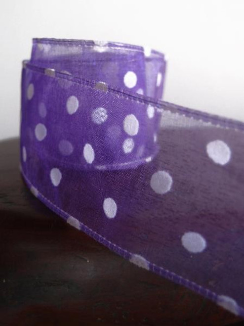 Purple Sheer Ribbon with Fuzzy White Dots Wired
