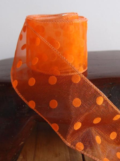 Orange Sheer Ribbon with Fuzzy Orange Dots Wired