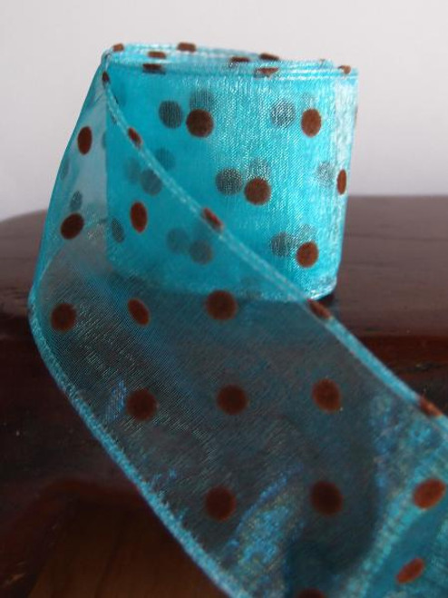 Turquoise Sheer Ribbon with Fuzzy Brown Dots Wired