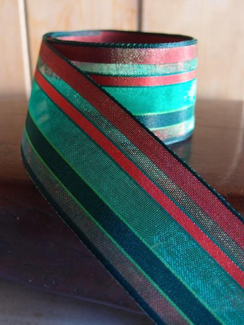 Green-Red-Burgundy Multi-Stripes Sheer Ribbon