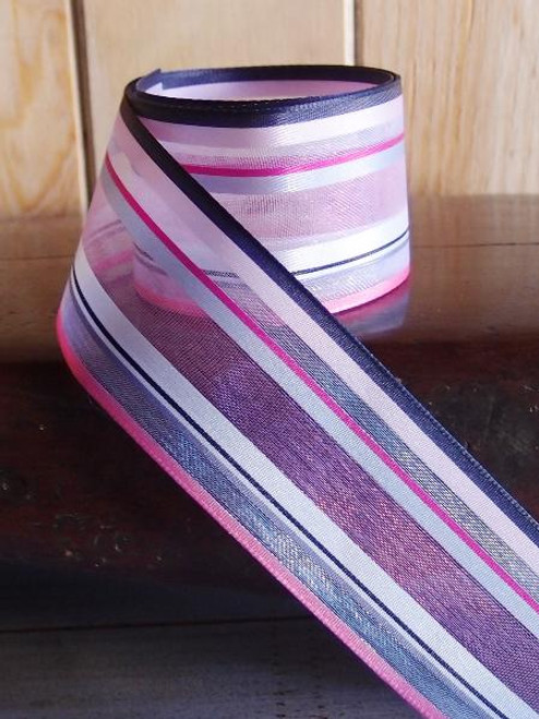 Pink-Hot Pink-Navy-White Multi-Stripes Sheer Ribbon