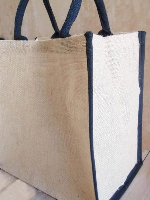 Wholesale Tote Bags, Burlap Tote Bags, Jute Tote with Black Cotton Trim 12 x 12 x 7 3/4 inches, B875-79 | Packaging Decor