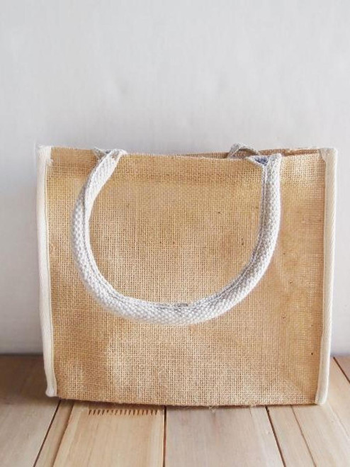 Wholesale Jute Tote Bags, Jute Tote Bag with White Cotton Trim 10 1/4" W x 9" H x 3" Gusset, B874-71 | Packaging Decor Wholesale Jute Tote Bags, Jute Tote Bag with White Cotton Trim 10 1/4" W x 9" H x 3" Gusset, B874-71 | Packaging Decor