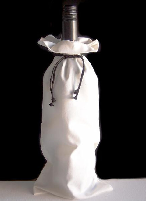 White Cotton Wine Bag with Black Drawstring 6" x 14"