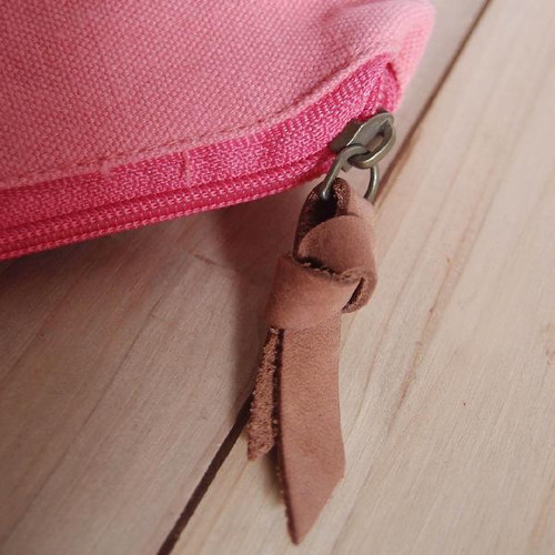 Washed Canvas Zipper Pouch  with Leather Puller Pink 11" W x 8" L x 3" Gusset