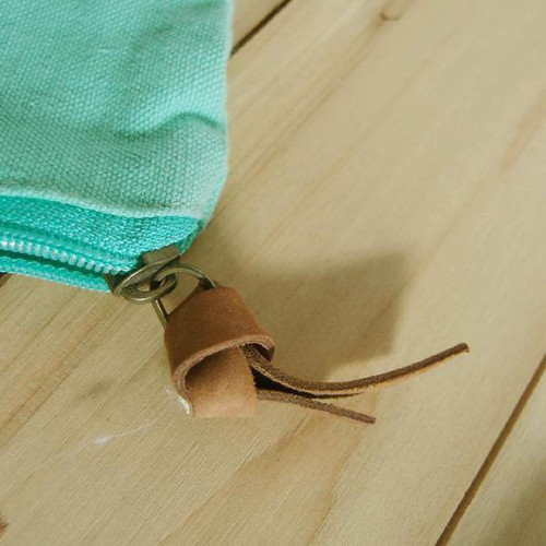 Close up of the leather puller. Washed Canvas Zipper Pouch with Leather Puller Mint Green 8" x 6.3" x 2.4",  B686-77