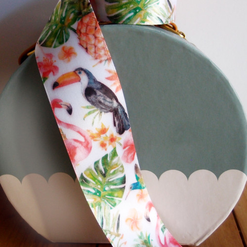 1 ½” x 10 meters Tropical Flamingos White Satin Ribbon