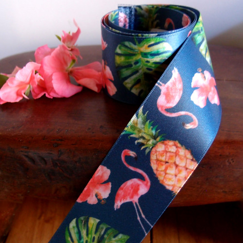 1 ½” x 10 meters Tropical Flamingos Navy Satin Ribbon