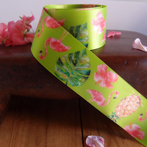1 ½” x 10 meters Tropical Flamingos Green Satin Ribbon