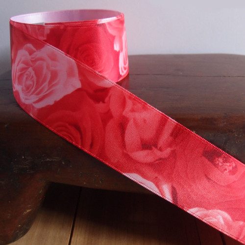 Red Rose Print Satin Ribbon