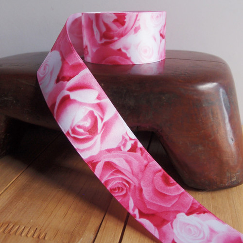 Pink Rose Print Satin Ribbon