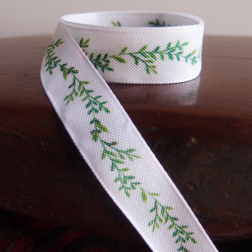 5/8" Green Leaves with White Ribbon