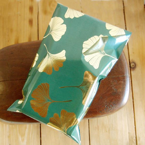 Adhesive Merchandise Bags 4 3/4" x 7 1/4" Gold Gingko on Green  Adhesive Merchandise Bags 4 3/4" x 7 1/4" Gold Gingko on Green