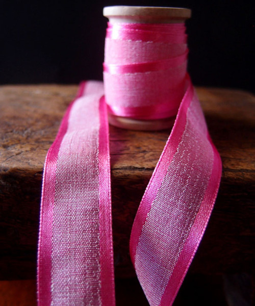 Hot Pink Faux Linen Ribbon with Satin Edge. Excellent ribbon choice for gift wrap accents, stylish floral arrangements, product packaging, fuchsia bows and ties, table centerpiece decor,  hot pink wedding venue decoration