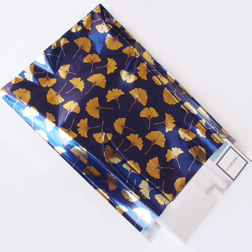 Adhesive Merchandise Bags 13 3/4" x 19" Gold Gingko on Blue