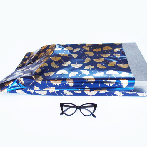 Adhesive Merchandise Bags 15 3/4" x 22 3/8" Gold Gingko on Blue