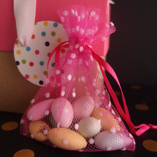 Hot Pink Mesh Bag with Felt White Small Dots (3 Sizes)