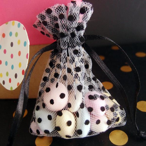 White Mesh Bag with Felt Black Small Dots (3 Sizes)
