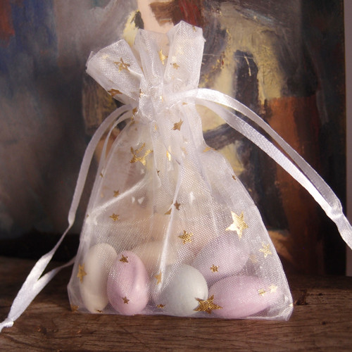 White Sheer Drawstring Bag with Gold Stars Print, Wholesale Drawstring Bags