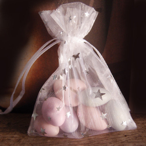 White Sheer Drawstring Bag with Silver Stars Print (2 sizes)