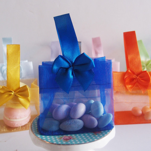 Royal Blue Sheer Mini Tote Bag with Satin Bow Handle