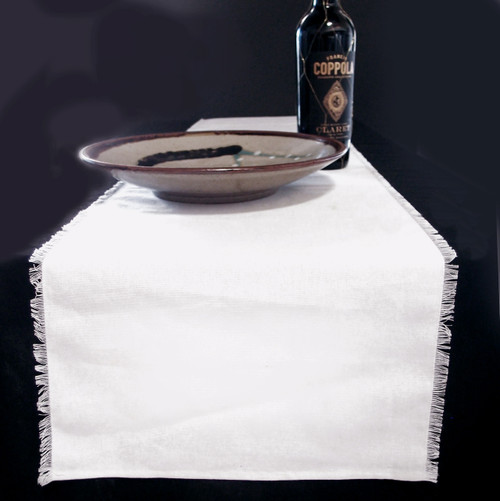 White Cotton Table Runner with Fringed Edges 12 ½ x 76 inches White Cotton Table Runner with Fringed Edges 12 ½ x 76 inches