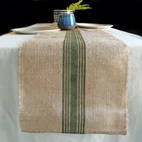 Green Striped Jute Table Runner with Fringed Edge 12 ½ x 108 inches Green Striped Jute Table Runner with Fringed Edge 12 ½ x 108 inches