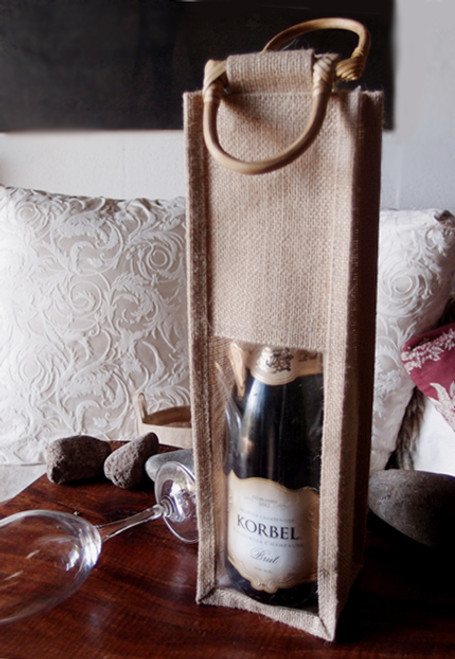 Natural Jute Wine Bag with Cane Handle & Clear Window