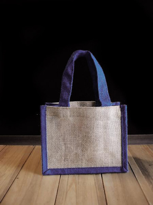 Small Jute Tote with Navy Blue Trim
