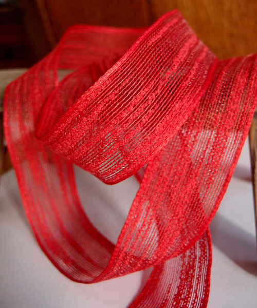 Metallic Red Hearts on Red Linen Ribbon, 1-1/2x10 Yards