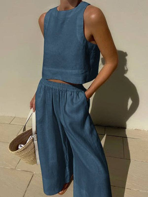 Solid Color Loose Round-Neck Sleeveless Vest + Elasticity Wide Leg Pants Two Pieces Set